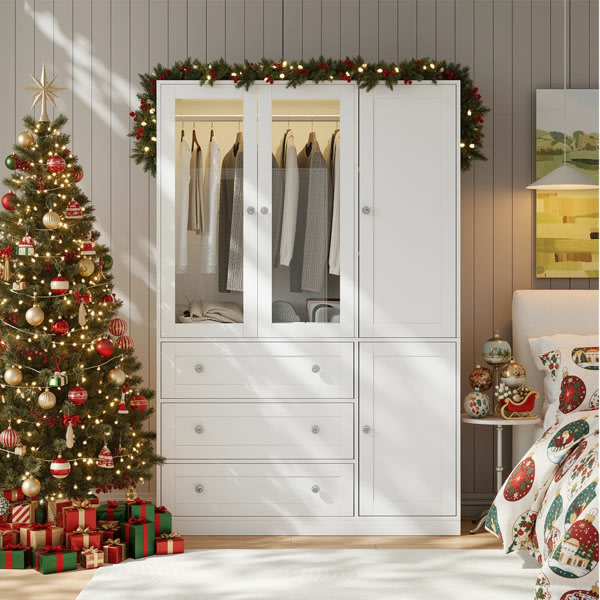 Wardrobe Closet With Drawers And Light, 75" Armoire With Hanging Rod
