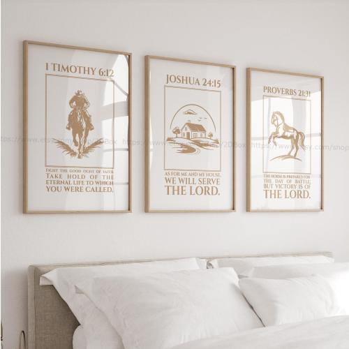 Western Scripture Prints Golden Sand Color Bold and Masculine Jesus Paintings Cowboy Christian Artwork Motivational Faith Art for him Set