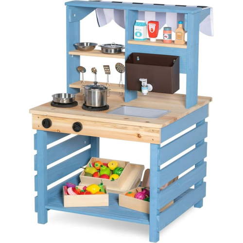 Brinjoy Kids Kitchen Playset, Double-Sided Wooden Outdoor Mud Kitchen w/Realistic Faucet, Removable Sink, Cooking Toys, Menu, Toddler Pretend Play Kitchen, Backyard Mud Table, Gift for Boys Girls