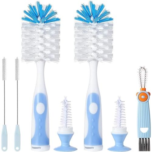 Baby Bottle Brush Set, Baby Bottle Cleaner,2Pcs Bottle Brush with Stand, 2 Hidden Nipple Brush, 2 Straw Brush, 1 Lid Brush, Nylon Bottles Brush Cleaner for Baby Bottle, BPA-Free(Blue)
