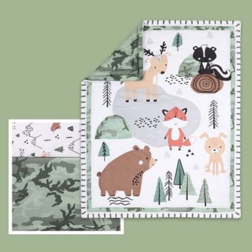 The Peanutshell Woodland Camo Baby Crib Bedding Set - Green/White - 3pc