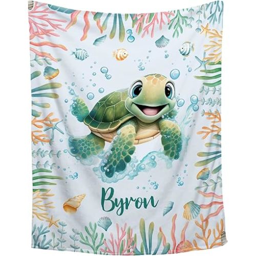 Baby Blanket Sea Turtle Gift for Boys Girls,Personalized Baby Sea Turtle Blanket with Name for Girls Boys Birthday Gift,Oceans Animals Decor for Sofa Living Bedroom,30"x40"-Toddlers/Pets Size