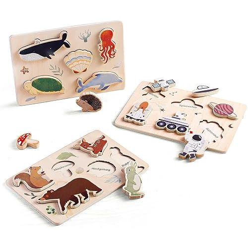 IEATFO 3 Pack Space Ocean Forest Wooden Chunky Puzzles for Toddlers, Wooden Insert Puzzles, Sturdy and Pegless, Educational Toys