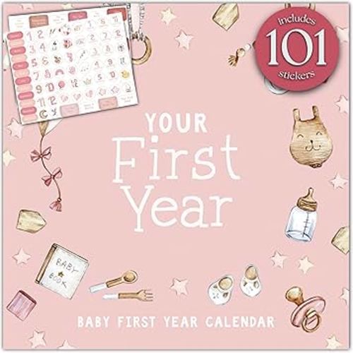 Baby's First Year Calendar with 100 Stickers - Pink Watercolor Design 1st Years Wall Calendar With Stickers, Baby Tracker, Baby Scrapbook for New Mom and Newborn Baby Girls