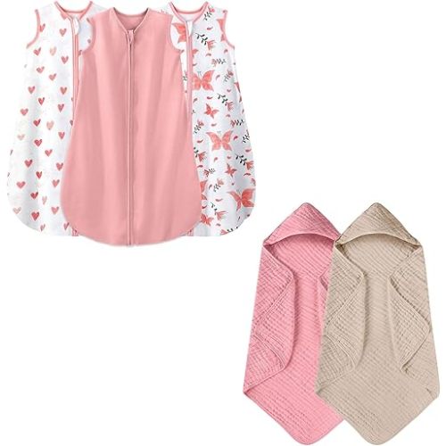 Yoofoss Baby Sleep Sack 12-18 Months Pink & Heart & Butterfly & Hooded Baby Towels Beige & Bean Paste