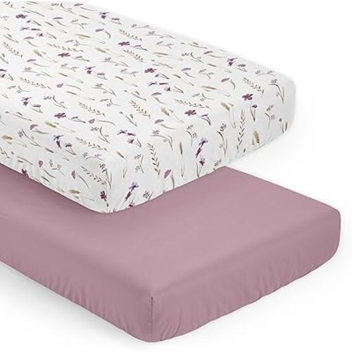 Sweet Jojo Designs Boho Garden Purple Floral Baby Fitted Crib Sheets Girl Set - 2p for Infant Nursery & Toddler Bed Room Standard Mattress - Solid Lilac & Watercolor Flower Bohemian Farmhouse Vintage