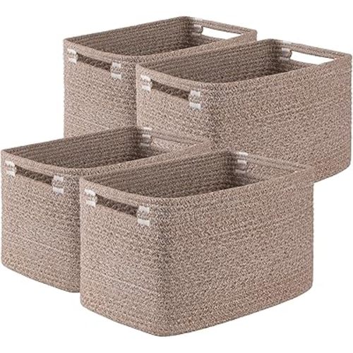 Storage Baskets for Organizing, Woven Decorative Baskets for Shelves - Books, Towels, and Clothes, Cotton Rope Toy Storage Bins, 12.7''Lx9''Wx7.8''H, Pack of 4, Linen Brown