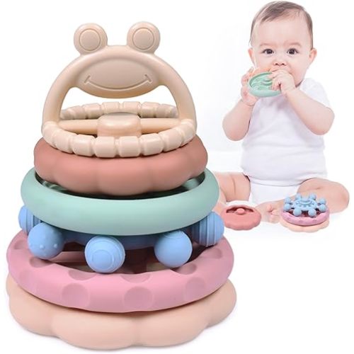 ALLABC 6PCS Teethers Set, Silicone Stacking Ring Toys, Baby Soft Teething Toy, Stacking & Nesting Circle Toys for Toddlers (1-3 Years)