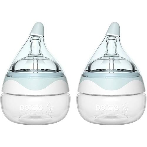 POTATO Glass Baby Bottles for Newborn Babies, Anti Colic Breastfeeding Bottle with Wide Neck, Slow Flow, 2pack, 2.5oz, Blue