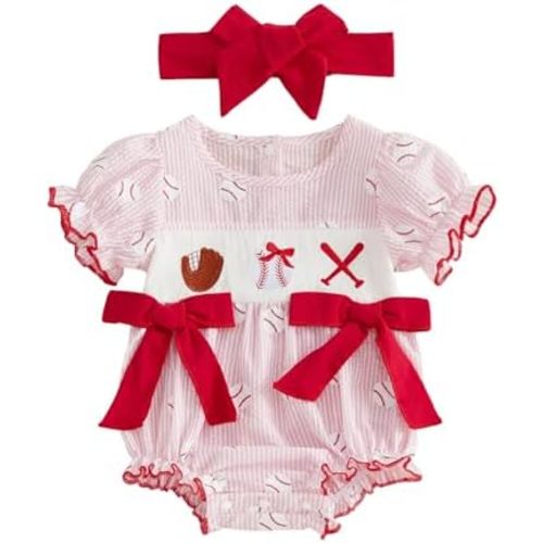 Newborn Baby Girl Baseball Outfit Embroidery Short Sleeve Smocked Bubble Romper Ruffle Bodysuit Cute Summer Clothes