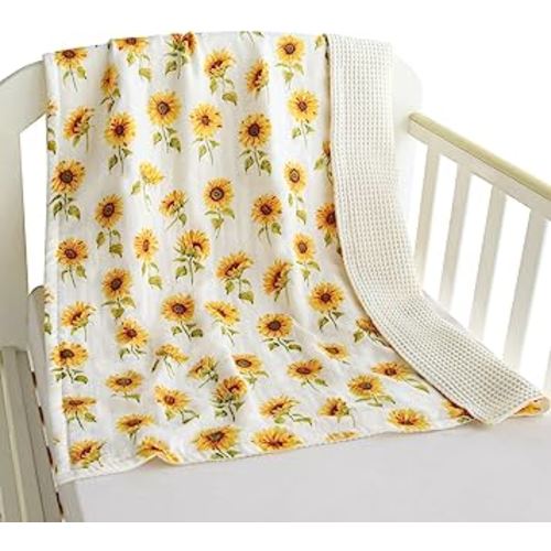 LifeTree Waffle Swaddle Blankets Neutral, Sunflowers Baby Muslin Swaddling Wrap Nursery Receiving Blanket for Boys & Girls Unisex Newborn, Muslin Front and Waffle Backing