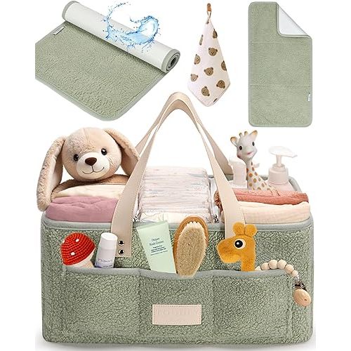 Baby Diaper Caddy Organizer with Portable Changing Mat & Burp Cloth - Teddy Fleece Diaper Organizer for Changing Table - Baby Basket for Diaper Changing Essentials - Baby Caddy Organizer with Dividers