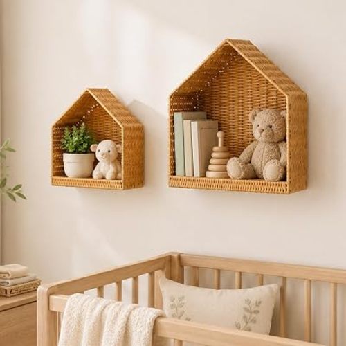 AQQHSAIN 2 Pcs House Nursery Wall Shelf Decor 2 Sizes Boho Rattan Wicker Floating Shelves Wall Mounted Handwoven Hanging Storage Basket for Bedroom Bathroom Living Room
