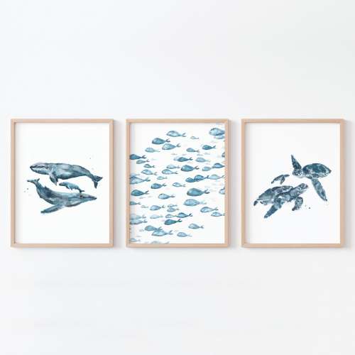 Ocean Animals Watercolor Painting 3 Print Set for Under the Sea Nursery