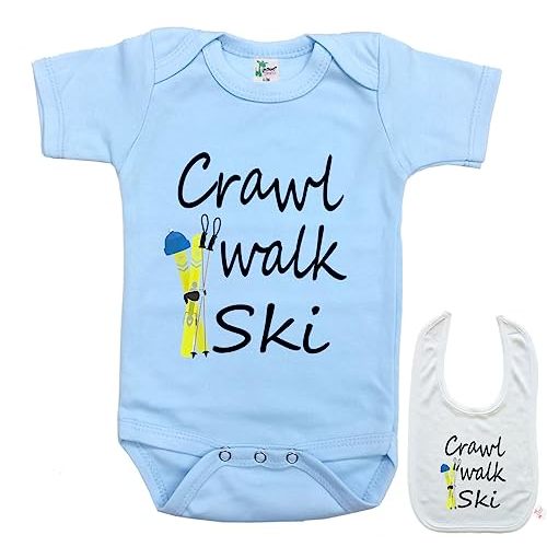 Crawl Walk Ski -Cute Snow Skiing winter sports Baby bodysuit onesie & bib Set