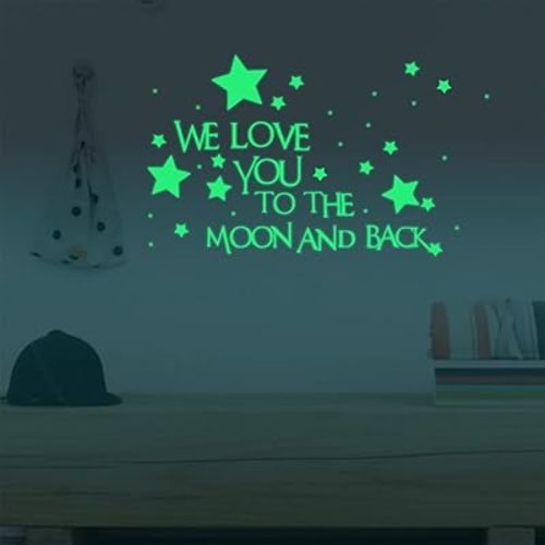 Nursery Wall Decals Glowing Words Stickers - WE Love You to The Moon and Back - Words Glow in The Dark with Stars Around Wallpaper for Kids Bedroom Ceiling