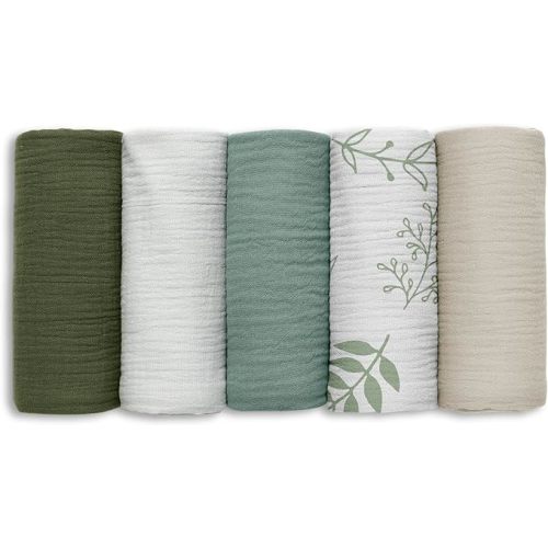Muslin Receiving Blankets, Neutral Blanket Swaddling for Newborn Boys and Girls, 5 Pack Breathable and Skin-Friendly Swaddle Wrap for Infant Baby (Bright Leaves)