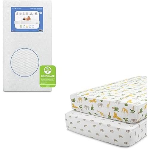 Delta Children Twinkle Stars Breathable Baby Bed Crib Mattress and Toddler Mattress, White + Delta Children Fitted Crib Sheets for Girls and Boys (Pack of 2), Safari Friends (Bundle)