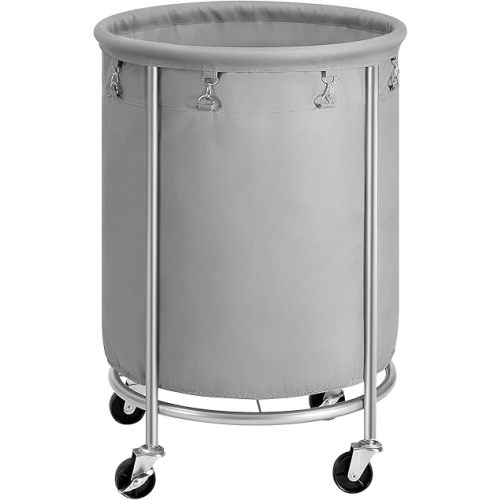 SONGMICS Laundry Basket with Wheels, Rolling Laundry Hamper, 45 Gal., Round Laundry Cart with Steel Frame and Removable Bag, 4 Casters and 2 Brakes, Gray and Silver URLS001G01