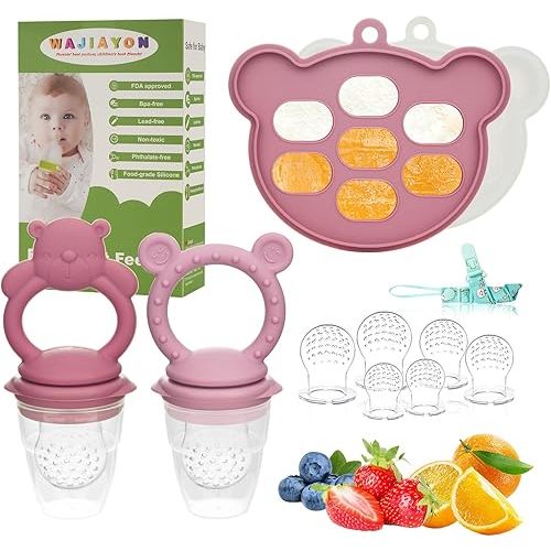 WAJIAYON Baby Breastmilk Popsicle Molds & Baby Fruit Feeder (4 Pack), Baby Food Freezer Tray Storage Containers, Silicone Teething Pacifier Feeder and Teether for Babies,Baby Feeder（Pink）
