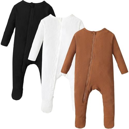 OPAWO Newborn Footie Pajamas with Mitten Cuffs Double Zipper Sleepers Baby Boy Girl Onesie Footed One-Piece Romper 0-6 Months