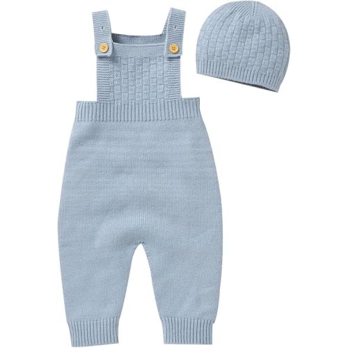 Opewod Newborn Baby Sweater Romper Sleeveless Jumpsuit with Hat Infant Outfits Overall Bodysuit One Piece 2pcs