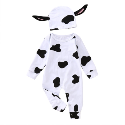 Newborn Infant Baby Boys Romper Clothes Set Cow Pattern Jumpsuit And Hat 2Pcs Outfits