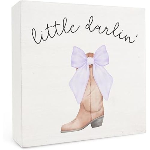 Coquette Preppy Purple Western Cowgirl Boots Wooden Box Sign, Little Darlin Bow Boots Box Sign, Preppy Western Girl Dorm Room Desk Shelf Tabletop Decor, Cowgirls Room Decor, 5x5 Inch