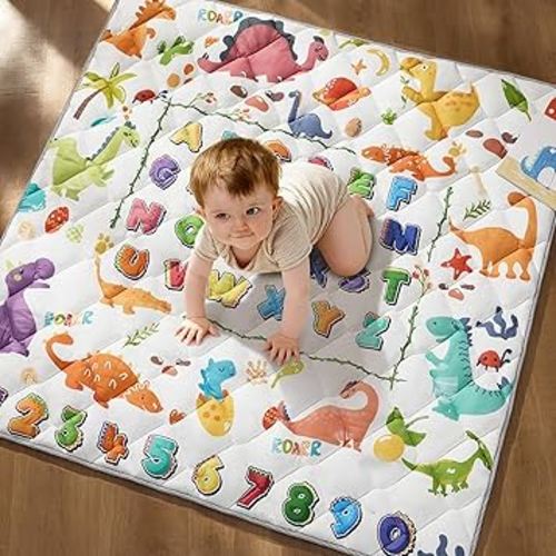 Baby Play Mat for Floor - MORAIS 50x50 Inch with 800g Cotton Filling Thickened Crawling Mat for Playpen, Cushioned Playpen Mat with Anti-Slip Bottom and Animal Alphabet (Dinosaur Land)
