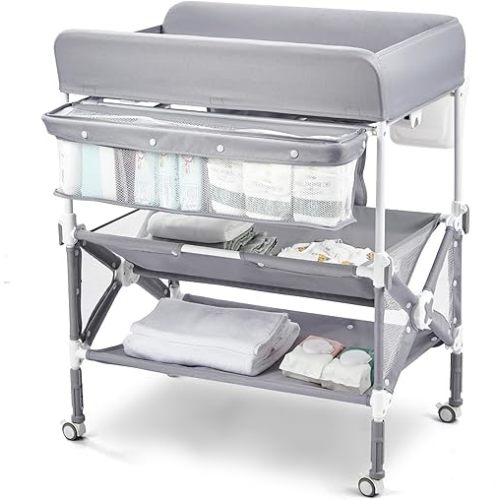 Portable Baby Changing Table, Foldable Diaper Change Table with Wheels, Adjustable Height, Cleaning Bucket, Changing Station for Infant Mobile Nursery Organizer for Newborn (Light Grey)