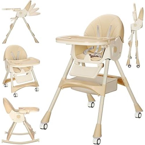 Convertible 6-in-1 High Chairs for Babies and Toddlers, Foldable Portable Baby Highchair, Compact Adjustable Folding Baby High Chair for Infant Toddler Baby Boy Girl with Wheels & Footrest (Beige)