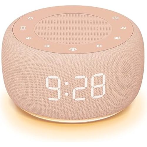 Buffbee Sound Machine & Alarm Clock 2-in-1, 0-100% Clock Face Brightness, Bottom Colored Light, Sleep Timer, Precise 30-Level Volume White Noise Machine, Digital Alarm Clocks for Bedrooms - Peach