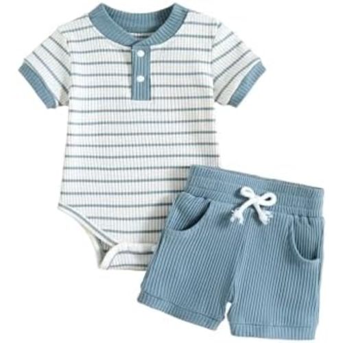Baby Boy Outfits Ribbed Short Sleeve Striped Romper Top Solid Shorts with Pocket Baby Boy Summer Clothes 0-18M