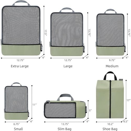BAGAIL 4 Set/6 Set Compression Packing Cubes Travel Accessories Expandable Packing Organizers - 6-Matcha Green - Half Mesh