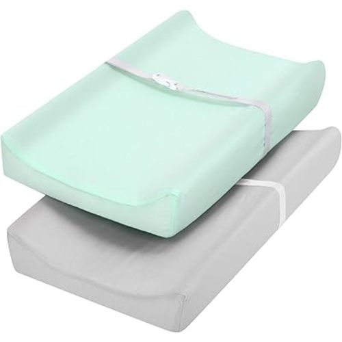 TILLYOU Changing Pad Cover Set in Soft Jersey Material - Fits 32"/34''x16 Contoured Pad for Babies, Lt Green & Lt Gray