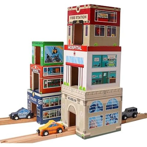 6 Wooden Stacking City Buildings - Nesting Community Helpers Building Boxes - Wood Sorting Cubes Town Play Set for Mats, Toy Cars and Trains - Educational Preschool Track Accessories Learning Toddler