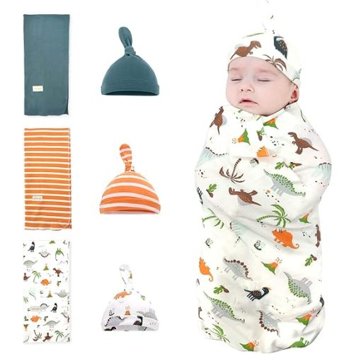 Newborn Swaddle and Hat Set 3 Pack 100% Cotton Knitted Muslin Baby Blankets 35" x 35" Baby Receiving Blankets Stroller Soft Unisex Newborn Swaddle Wrap for Girls and Boys (Dinosaur+Stripes+Green)