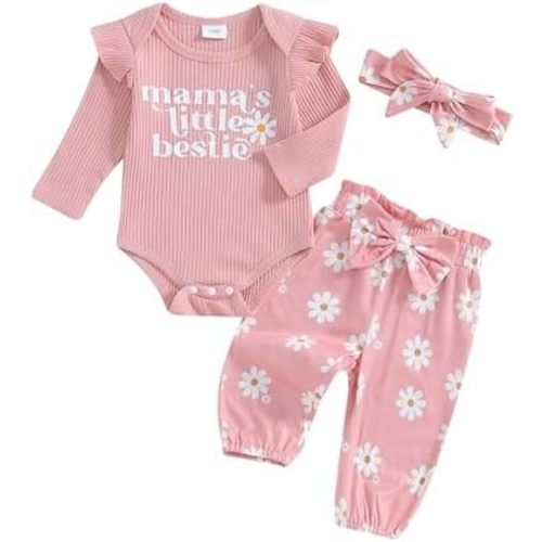 Infant Baby Girl Long Sleeve Mama's Little Bestie Letter Print Ribbed Romper Elastic Daisy Pants Headband Outfits