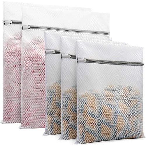 5Pcs Durable Honeycomb Mesh Laundry Bags for Delicates (2 Large 16 x 20 Inches, 3 Medium 12 x 16 Inches)