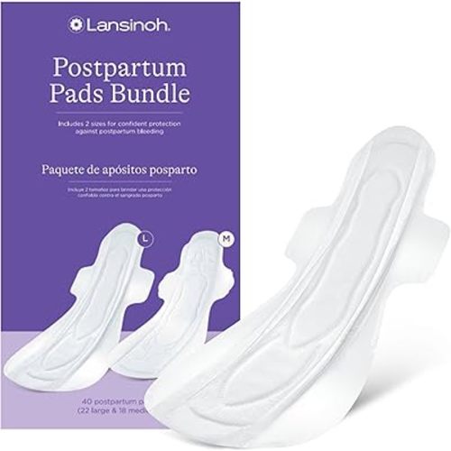 Lansinoh Postpartum Maxi Pads Bundle, 40 Count, Heavy Absorbency Overnight Pads with Wings, Includes 2 Sizes for Extra Protection, Postpartum Essentials