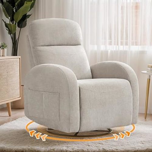 Swivel Rocker Recliner,Chenille Nursery Rocker Recliner with Deep Seat,Swivel Glider Recliners with Double Pockets for Living Room,Camel