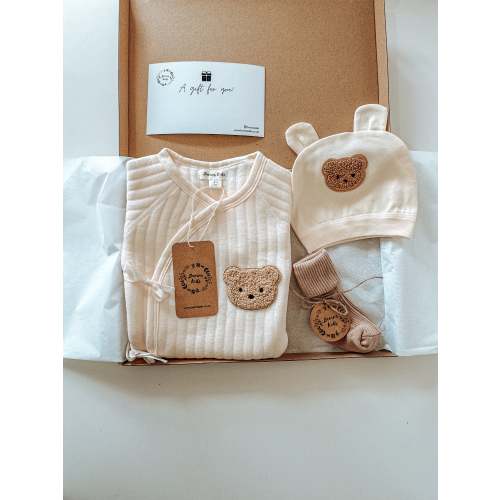 Personalised Newborn Bear Gift Set of 3| Cream Cotton Romper, Beige Socks, Bear Beanie Hat | Cute Gender Neutral Gifts for Babyshower