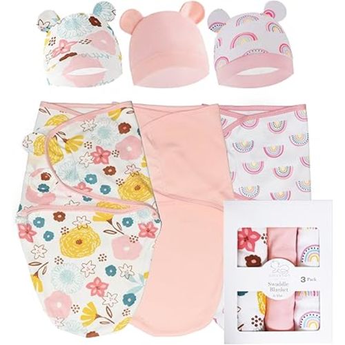 Baby Swaddle Blankets with Hats for Infant Girls & Boys, Newborn Sleeping Sack with Hat, Promotes Soothing Sleep-Set of 3 (Pink Garden)