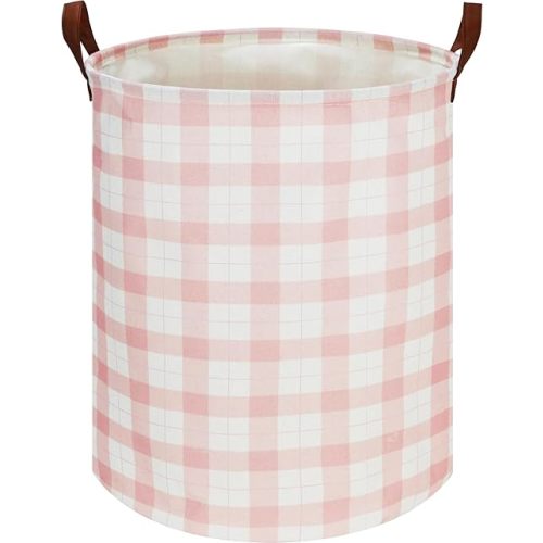 CLOCOR Kids Laundry Basket,Waterproof Baby Boys Nursery Hamper,Collapsible Fabric Storage Container,Toys Bin,Room Decor,Gift Basket(Pink Grid