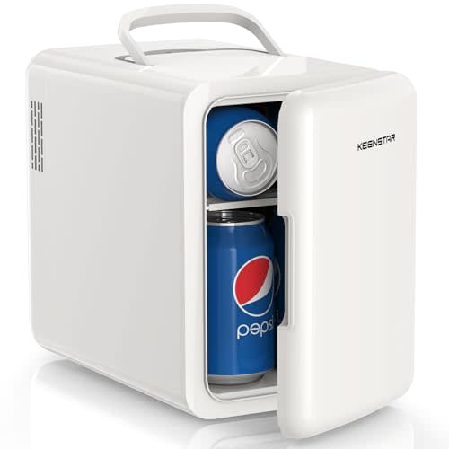 KEENSTAR Mini Fridge, 6 Liter/8 Can Small Fridge, 110V AC/ 12V DC Cooler and Warmer for Bedroom, Cosmetics, Office, Dorm and Car, Portable Personal Refrigerator for Cosmetics, Skincare and Food, White