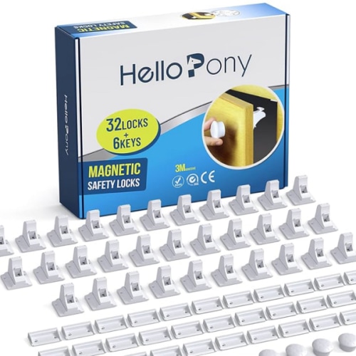 Upgraded Magnetic Cabinet Locks (32Locks and 6 Keys) Baby Proofing Magnetic Safety Locks with 3M Adhesive, One Minute Fast, Easy and No Drill Installation