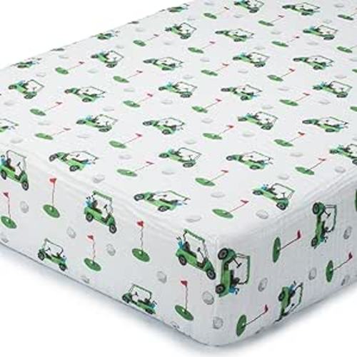LollyBanks Muslin Crib Sheet 1 Pack, 100% Cotton Neutral Baby Crib Sheet for Standard 52"x28" Mattress, Soft Baby Fitted Sheets for Boys and Girls, Infant Bedding Essentials (Golf Cart Print)
