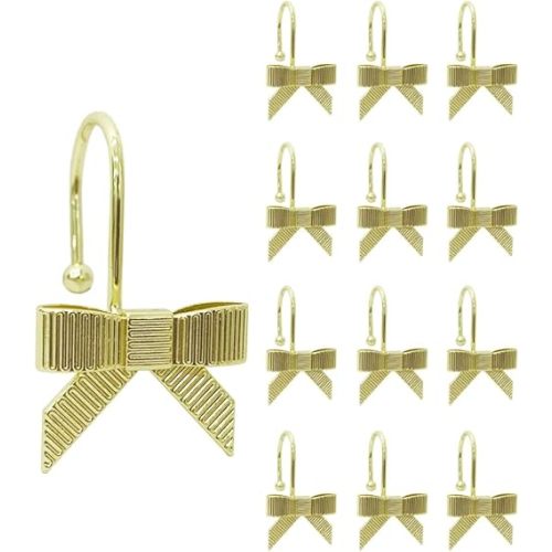 12PCS Decorative Bow Shower Curtain Hooks Gold, Bow Knot Curtain Hooks Shower Rings for Bathroom Baby Room Nursery Art Decors (Gold)