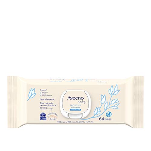 Aveeno Baby Sensitive All Over Wipes with Aloe & Natural Oat Extract for Face, Bottom, Hands & Body, pH-Balanced, Hypoallergenic, Fragrance-, Phenoxyethanol- & Alcohol-Free, 64 ct - Aveeno Baby All Over Wipes 64 ct (pack of 3)
