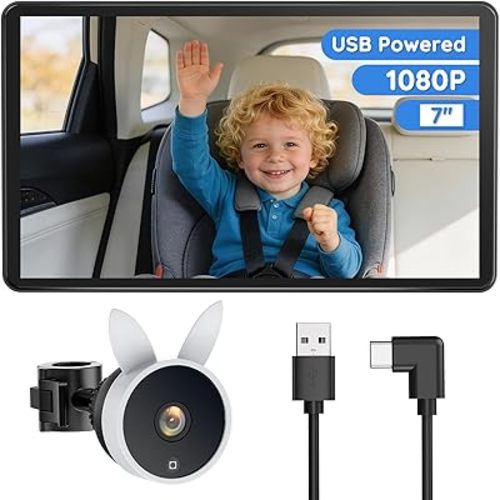 Babyvue BV4 Baby Car Camera 7",1080P IPS Display,Auto IR Night Vision,USB Powered Plug & Play Rear Seat Baby Monitor,Adjustable Brightness,Must Haves for New Parents & Pets Lover